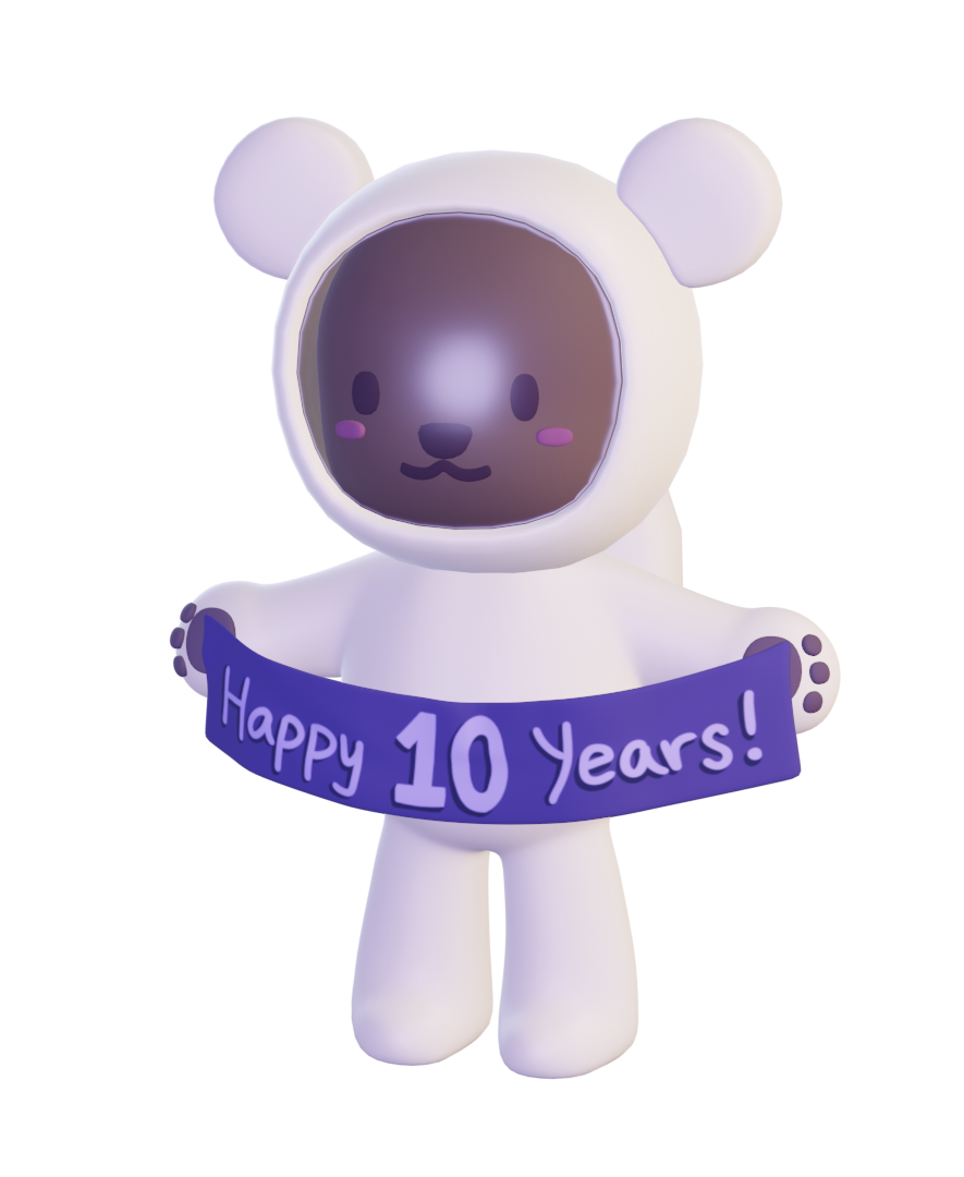 3D space bear holding 'happy 10 years' banner